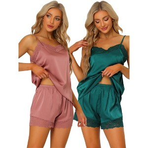 Allegra K Women's 2 Packs Satin Lace Trim Cami Tops with Shorts Lounge Pajama Set - 1 of 4