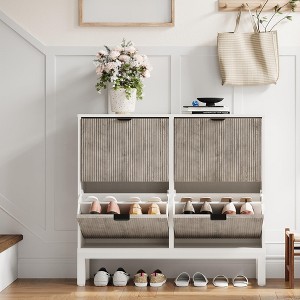 Fluted Shoe Storage Cabinet with 4 Flip Drawers,Accommodate 16 to 20 Pair of Shoes Narrow Wooden Shoe Organizer with Adjustable Shelves - 1 of 4