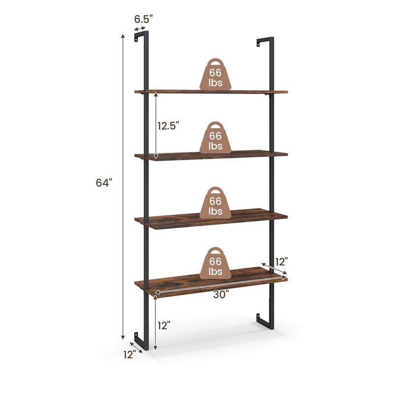 Costway 2 PCS 4-Tier Ladder Shelf Bookshelf Industrial Wall Shelf with Metal Frame Rustic, 3 of 11
