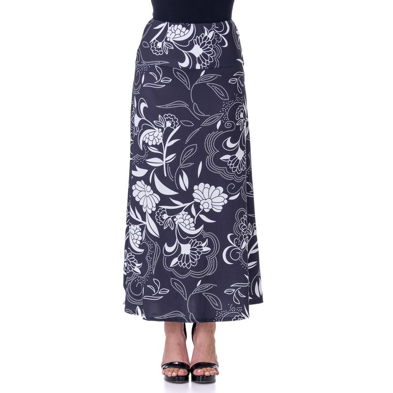 24seven Comfort Apparel Black and White Floral Elastic Waist Ankle Length Comfortable Maxi Skirt, 1 of 7
