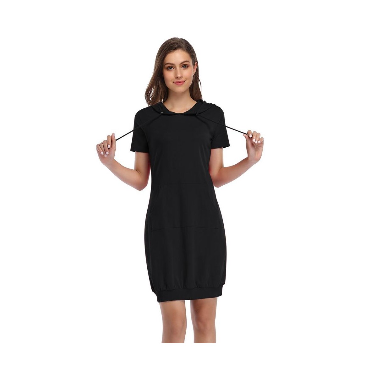 Женские платья Garvee Womens Sheath Dress Hooded Sweatshirts Dress with Front Pocket Short Sleeve Bodycon Mini Dress,Black - M — фото 3
