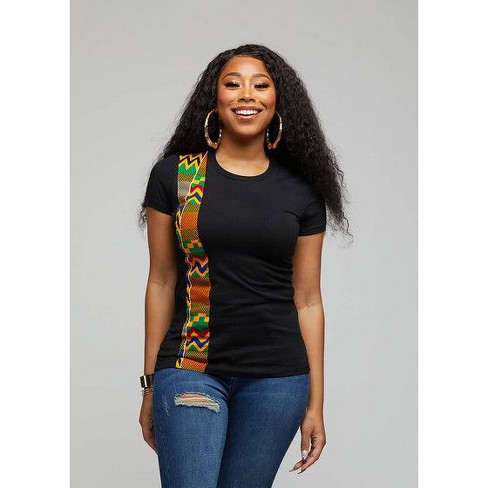 D'IYANU Womens Kasi African Print Short Sleeve T-Shirt - Black/Green Yellow  Kente, S