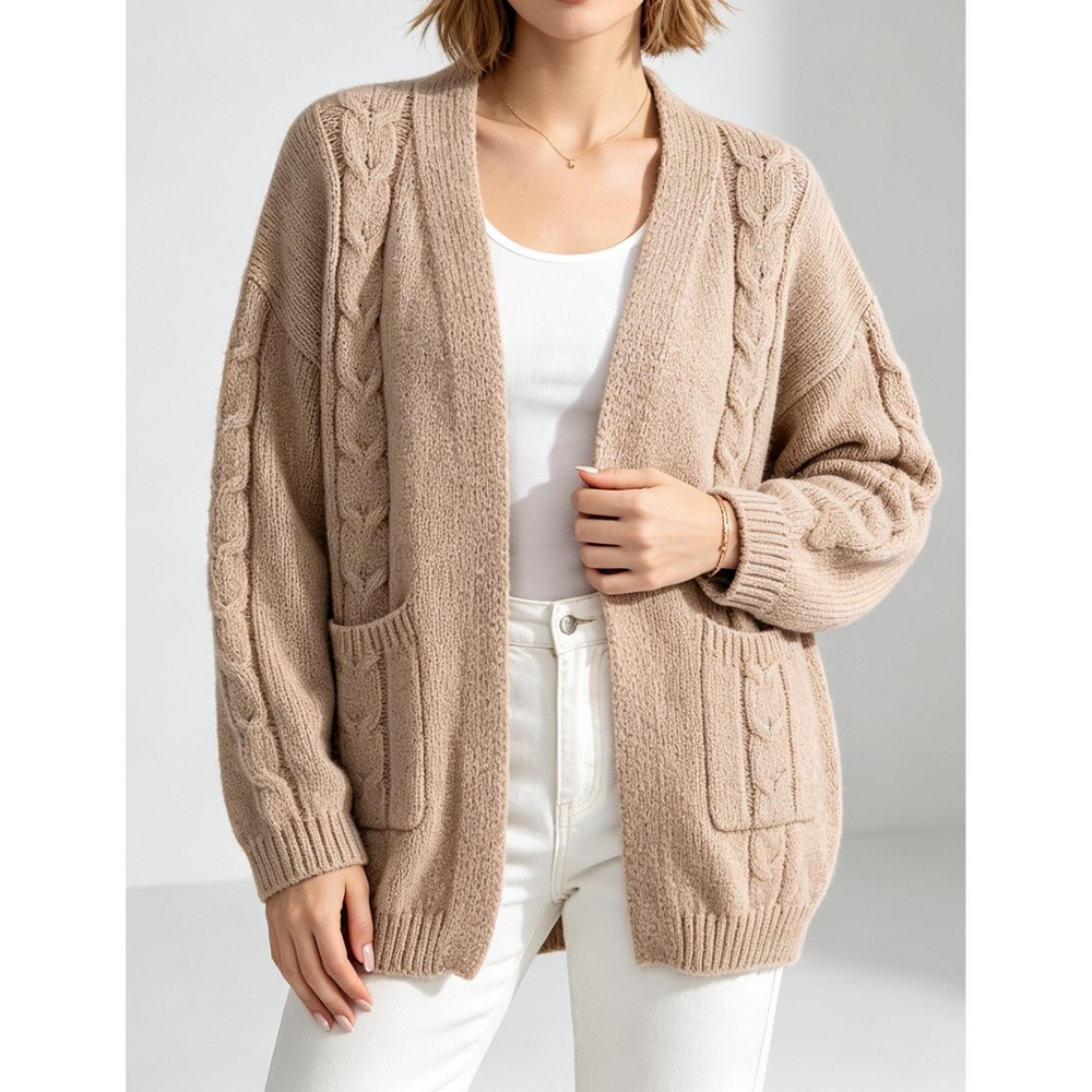 Women Cable Knit Open‑Front Cardigan Casual Long Sleeve V‑Neck Sweater Coat with Side Pockets, Khaki, S