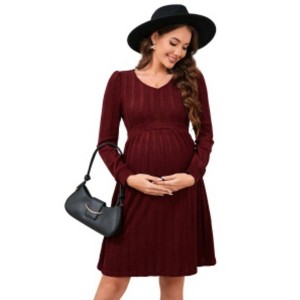 Coolmee Maternity Sweater Dress Ribbed Knit V Neck Long Sleeve Fall Midi Dress Baby Shower Photoshoot - 1 of 4