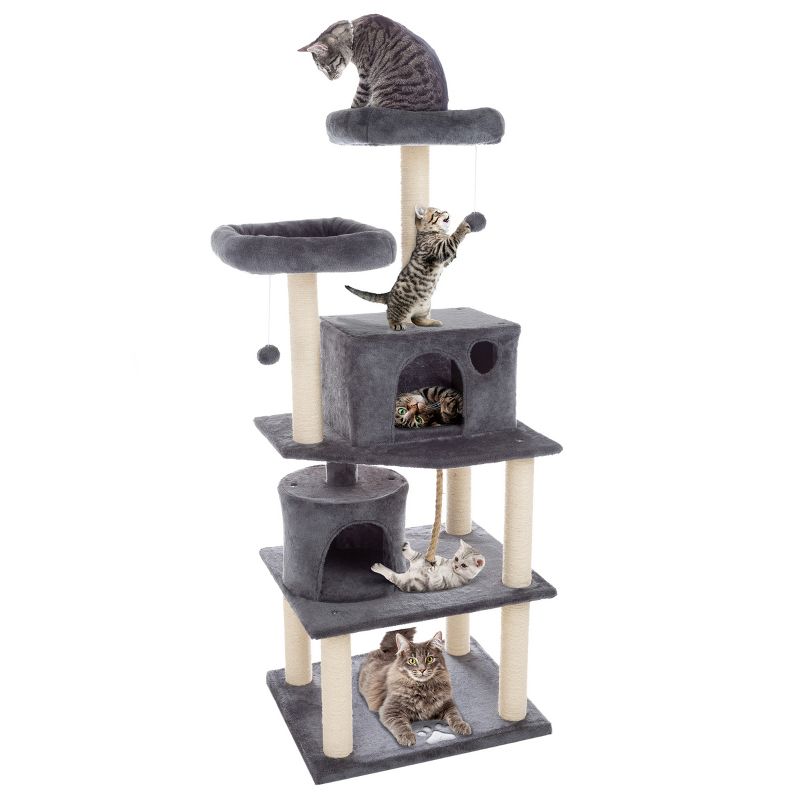 5-Tier Ultimate Cat Tree - 8 Cat Scratching Posts, 2 Padded Perches, 2 Kitty Huts, and 3 Hanging Toys for Multiple Cats by PETMAKER (Dark Gray), 1 of 8