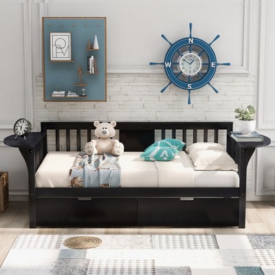 PAGED Twin Size Daybed Modern Wooden Bed Frame Simple Sofa Bed with Trundle and 2 Side Tables for Living Room, Espresso