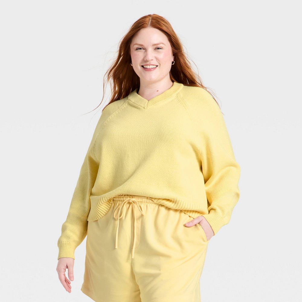 Women's Long Sleeve High V-Neck Pullover Sweater - A New Day™ Light Yellow 1X