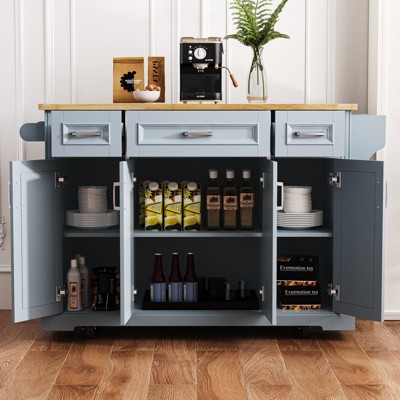 VYNXARIA K&K 54" Grey Blue Kitchen Island with Drop Leaf, Storage & Rolling Wheels