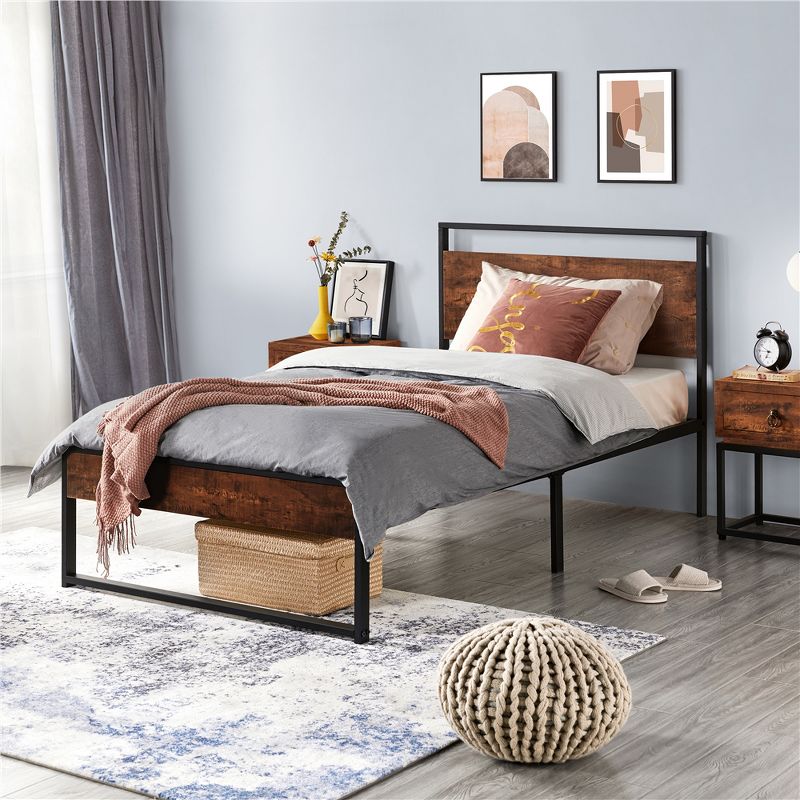 Yaheetech Rustic Metal Platform Bed with Wooden Headboard and Footboard, 2 of 7
