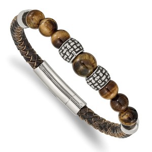 Chisel Stainless Steel Antiqued and Tiger's Eye Beads Brown Leather 8.5" Bracelet - 1 of 4