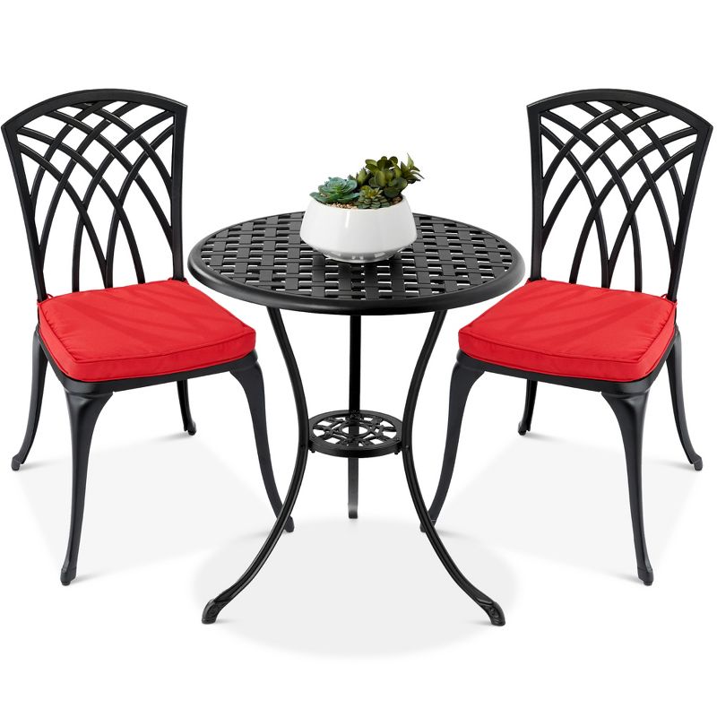 Best Choice Products 3-Piece Aluminum Patio Bistro Set w/ Umbrella Hole, 2 Chairs, Polyester Cushions - Black/Red, 1 of 8