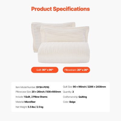 VEVOR Queen Quilt Set, 3-Piece Lightweight Comforter, Microfiber Queen Size Bedding Set, Beige Bedspreads with 1 Quilt and 2 Pillow Shams, Beige — фото 8