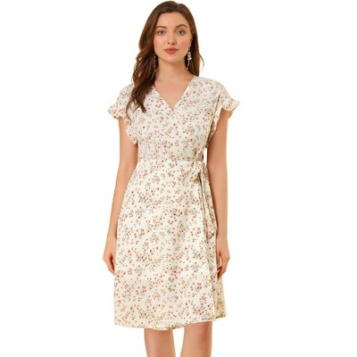 Allegra K Women's Boho Flutter Sleeve V Neck Belted A-Line Wrap Midi Floral Dress