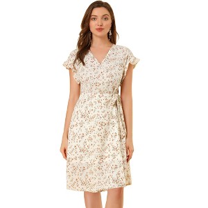 Allegra K Women's Boho Flutter Sleeve V Neck Belted A-Line Wrap Midi Floral Dress - 1 of 4