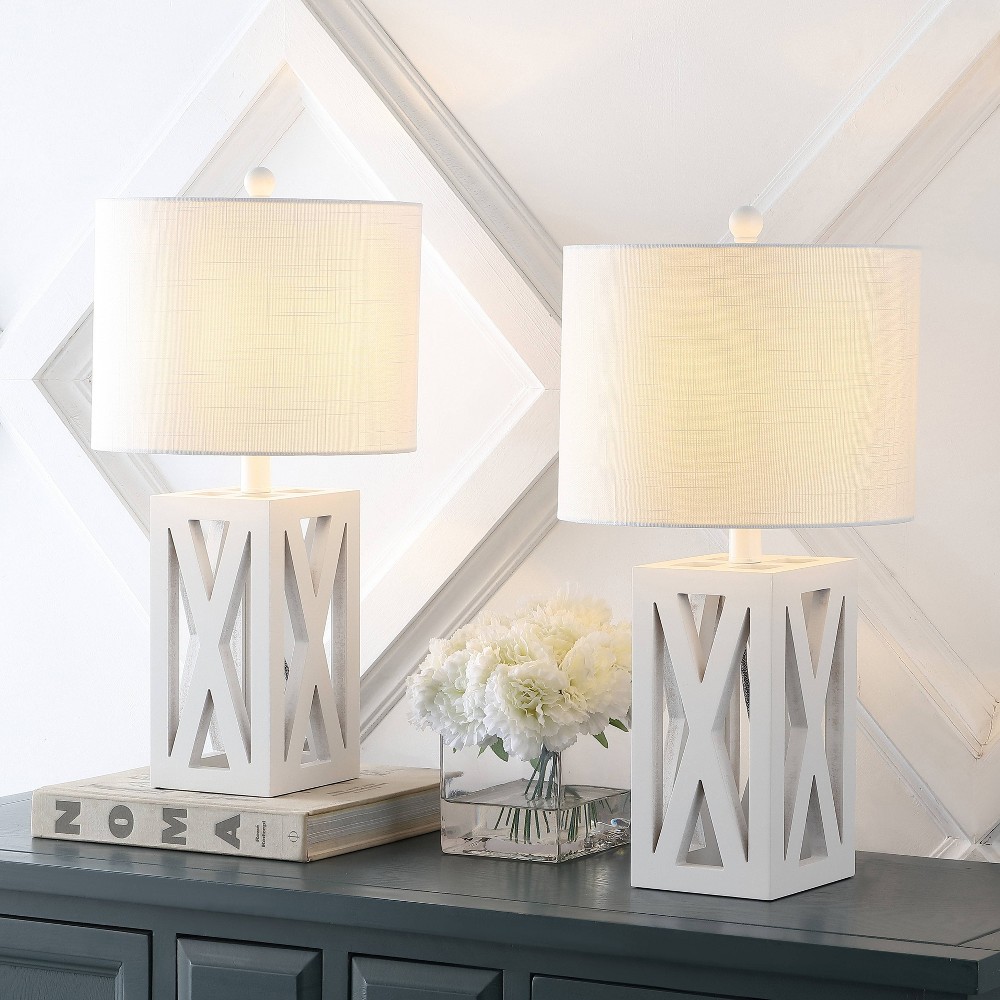 Set of 2 21.5" Stewart Farmhouse Wood Table Lamps: Linen Shade, LED Included - JONATHAN Y