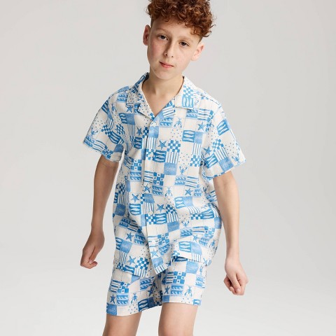 Cat & Jack Boys' Short Sleeve Patchwork Printed Linen Blend Button-Up Shirt - Cat & Jack™ Blue M