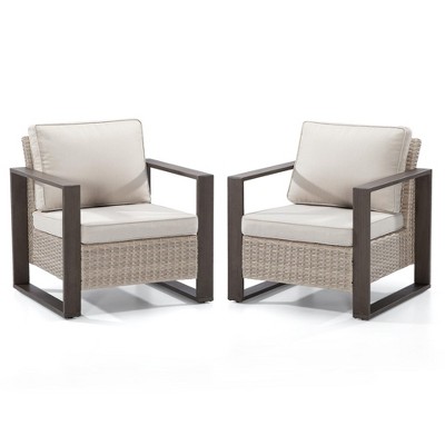 COWLOWN Beige 2 Piece Outdoor Rattan Patio Chairs Set with Cushions, Waterproof Wicker & Sturdy Metal Frame for Porch, Deck, Backyard