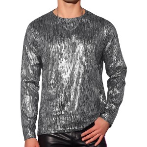 Lars Amadeus Men's Long Sleeves Party Clubwear Shiny Metallic T-Shirt - 1 of 4
