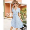 WhizMax Women's Dress Floral Wrap V Neck Pleated Dress Short Puff Sleeve Flowy A Line Midi Dress with Belted - 2 of 4