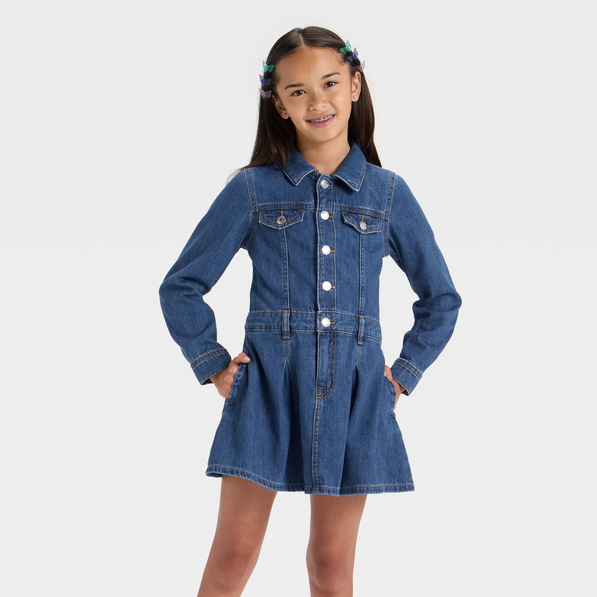 Girls' Long Sleeve Denim Dress - Cat & Jack™ Dark Wash
