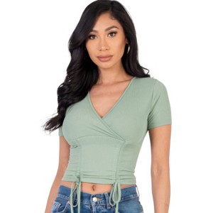 Slickblue Women's Ribbed Surplice Top, Ruched Drawstring Detail, Stretch Fit, 7 Color Options, Size S-L - 1 of 4
