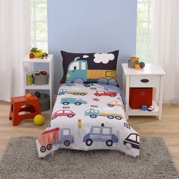 Everything Kids Transportation Gray, Blue, Red, and Yellow 4 Piece Toddler Bed Set