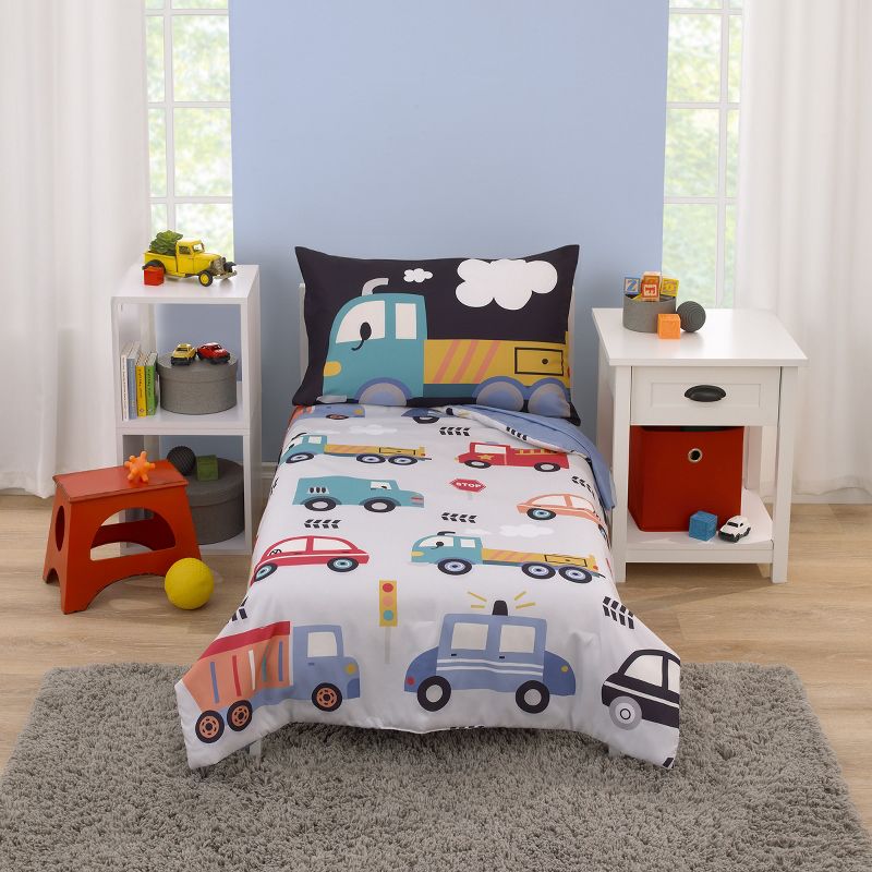 Everything Kids Transportation Gray, Blue, Red, and Yellow 4 Piece Toddler Bed Set, 1 of 7