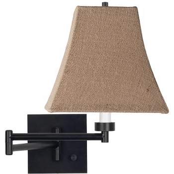 Franklin Iron Works Modern Swing Arm Wall Lamp Espresso Plug-In Light Fixture Natural Burlap Square Shade Bedroom Bedside Reading