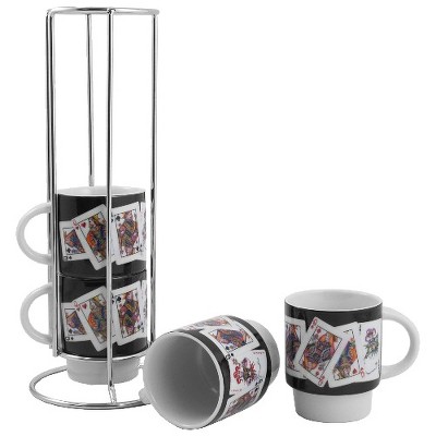 Poker Queen Playing Cards Ceramic Stacking Espresso Cup, Set of 4