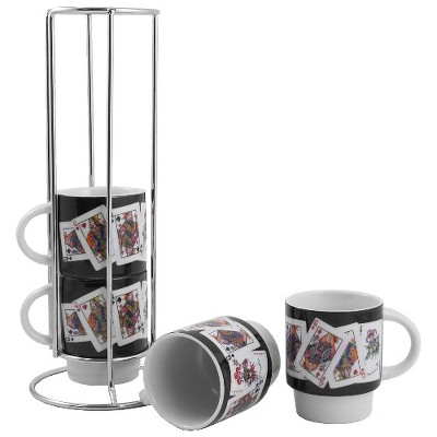 Corrigan Studio® Christmas Gift Choice: Espresso Cups And Saucers Set Of 4.  Small 4 Ounce Stackable Espresso Cups With Rack. Stacking Espresso Coffee  Cup Of 4. Matte Black W/ Colored Interior, 4 Oz