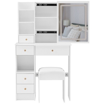 50.40"Small Size Left Drawer Desktop Vanity Table + Cushioned Stool, Touch Control Sliding LED Mirror, Tri-color Switching,Black