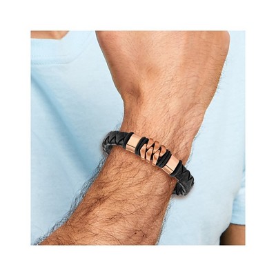 Chisel Stainless Steel Brushed and Polished Rose IP-plated Black Woven Leather 8" Bracelet