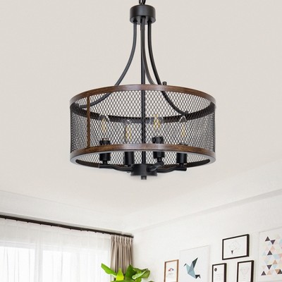 DORESshop Farmhouse 4-Light Oil Black and Wood Finish Drum Chandeliers.Industrial Pendant Lighting for Dining Room Living Room