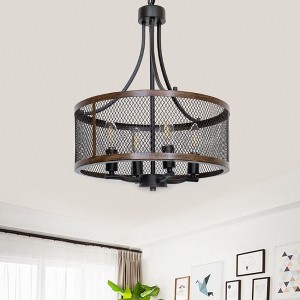 DORESshop Farmhouse 4-Light Oil Black and Wood Finish Drum Chandeliers.Industrial Pendant Lighting for Dining Room Living Room - 1 of 4
