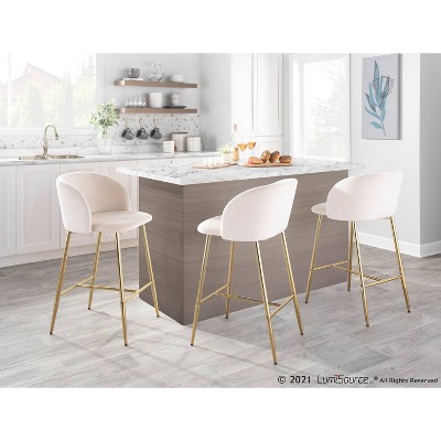 Elegant Gold Steel and Cream Velvet Counter Stools, Set of 2