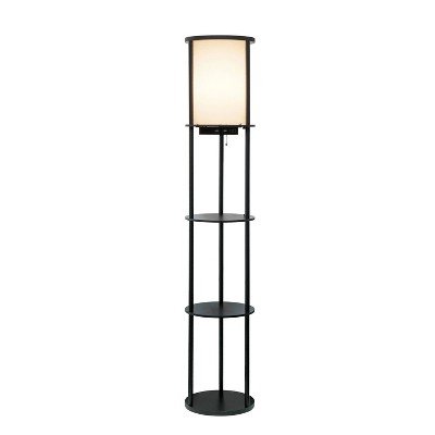 Elegant 62.5" Black Etagere Floor Lamp with USB Ports and Linen Shade