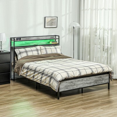 NicBex Full/King Platform Bed Frame with Upholstered Storage Headboard,Metal Platform Bed with LED Light,Charging Station,Noise-Free,Easy Assembly