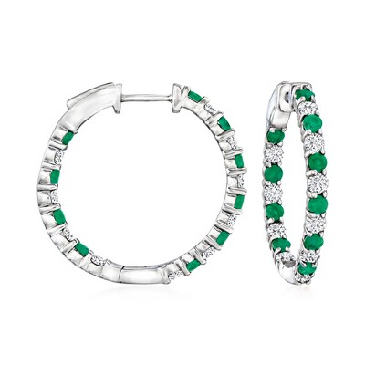 Ross-Simons 1.00 ct. t.w. Diamond and .80 ct. t.w. Emerald Inside-Outside Hoop Earrings in Sterling Silver