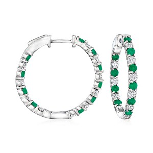 Ross-Simons 1.00 ct. t.w. Diamond and .80 ct. t.w. Emerald Inside-Outside Hoop Earrings in Sterling Silver - 1 of 4