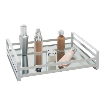 Large Silver Vanity Tray with Mirrored Base and Wired Rails