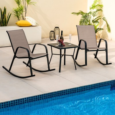 Brown Metal Frame Outdoor Rocking Chairs with Fabric Seat, Set of 2