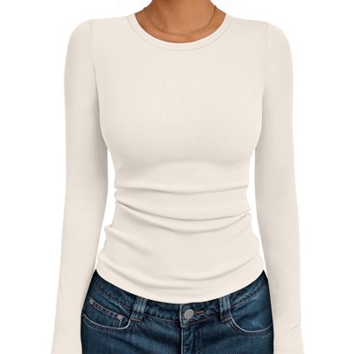 Women's Long Sleeve Knit Shirts Tops Soft Crewneck Blouse Stretch Fitted Fall Business Casual Y2K Outfits