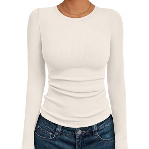 Women's Long Sleeve Knit Shirts Tops Soft Crewneck Blouse Stretch Fitted Fall Business Casual Y2K Outfits - 1 of 4