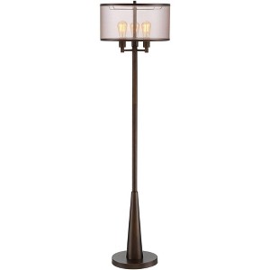Franklin Iron Works Durango Rustic Farmhouse Floor Lamp 62" Tall Oiled Bronze Metal 3 Light LED Brown Sheer Drum Shade for Living Room Bedroom Office - 1 of 4