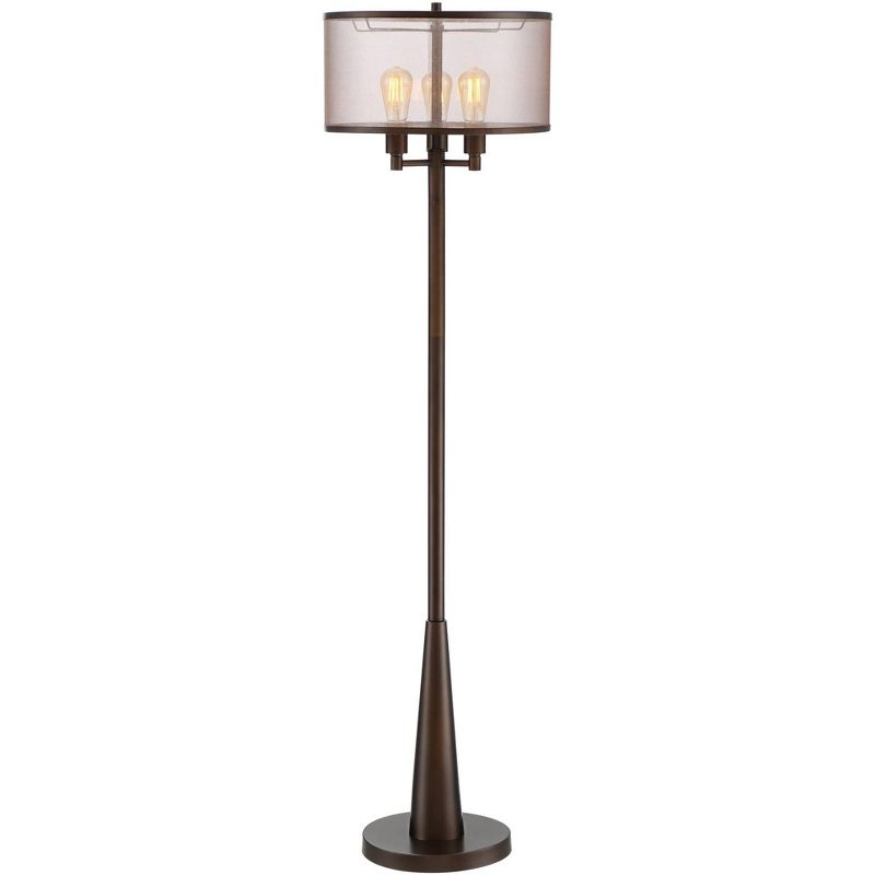 Franklin Iron Works Durango Rustic Farmhouse Floor Lamp 62" Tall Oiled Bronze Metal 3 Light LED Brown Sheer Drum Shade for Living Room Bedroom Office, 1 of 10