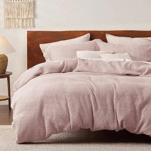 Pink 100 Cotton Waffle Weave King Duvet Cover, 3 - Piece Set, Breathable Soft - 1 of 4