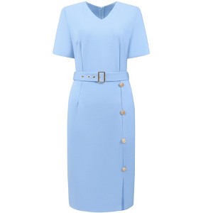 INSPIRE CHIC Women's V Neck Side Slit Belted Button Decor Short Sleeve 2026 Sheath Dresses - 1 of 4