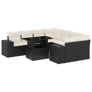 vidaXL Patio Sofa Set with Cushions Outdoor Furniture 9 Piece Poly Rattan - Black and Cream - 1 of 4