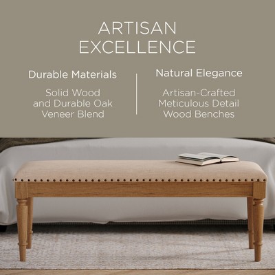 Elizabeth Natural Upholstered Wooden Bench with Nailhead Trim