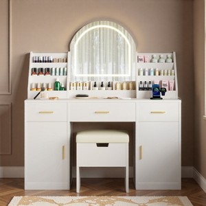 FONTOI 47.2"W Makeup Vanity with Mirror Storage Stool 3 Drawers 2 Cabinets and Organizers for Bedroom Dressing Room, White, 47.2"*15.7"*53.9" - 1 of 4